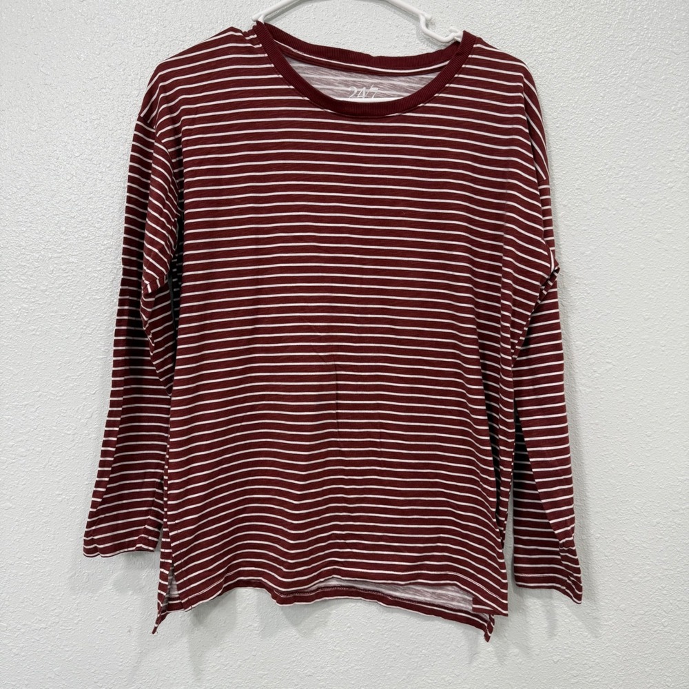 Maurices 24/7 Womens Long Sleeve Striped Top Burgundy White Small
